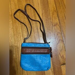Genuine Italian Leather Cross Body Purse Blue And Brown Three Zipper Bag